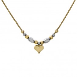 14K Two Tone Gold Puffy Heart Wheat Link Necklace 