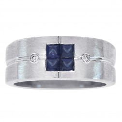 0.50 Carat Princess Cut Sapphire & 0.03 Carat Diamond Men's Ring 14K White Gold 