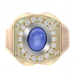 1.00 Carat CZ And Man Made Star Sapphire Mens Ring 14K Tri Color Gold
