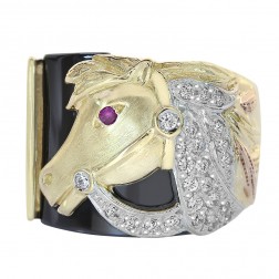 Onyx And Round Cut CZ Horse Head Mens Ring 14K Tri Color Gold