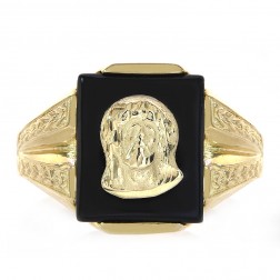 14k Yellow Gold Onyx Face of Jesus Religious Mens Ring