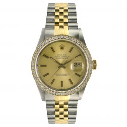 Rolex Datejust 36 Steel & 18K Yellow Gold Watch 1.50 ct. Diamond Bezel Champagne Dial 16013
