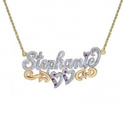 0.10 Carat Diamond & 0.07 Carat Rubies 'Stephanie' Nameplate Pendant 14K Two Tone Gold 