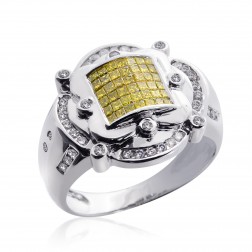 1.00 Carat Mens Princess Cut Yellow Fancy Diamond Ring 14K White Gold
