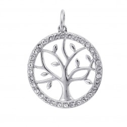 Cubic Zirconia Circle Tree Sterling Silver Pendant 