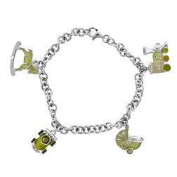 Ladies Silver Bracelet With Green Enamel Charms 7"