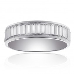 6.0mm 14K White Gold Millgrained Mens Comfort Fit Wedding Band