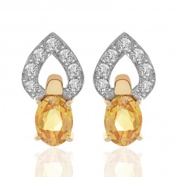 2.95 Carat Oval Citrine Round Cut White Sapphire Dangle Earrings 18K Yellow Gold