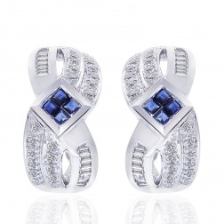 0.90 Carat Diamond and Sapphire Cluster J-Hoop Earrings 14K White Gold