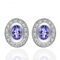 1.20 Carat Oval Tanzanite & Diamond Halo Earrings 14K White Gold