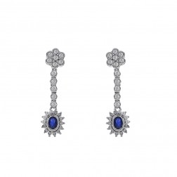 1.25 Carat Sapphire and Round Diamond Dangle Earrings 14K White Gold 