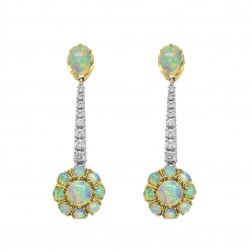 0.45 Carat Diamond and Opal Handmade Vintage Dangling Earrings 18K Yellow Gold 