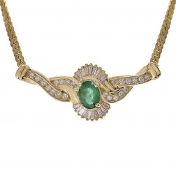 1.45 Carat Oval Emerald & 1.00 Carat Diamond Necklace 14K Yellow Gold