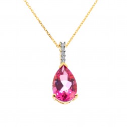 3.87 Carat Pear Shape Pink Topaz Round Diamond Pendant Cable Chain 14K Yellow Gold