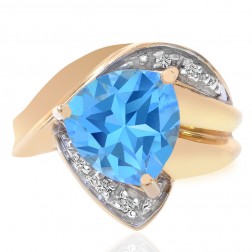 3.50 Carat Blue Topaz Trillion and Round Cut Diamond Ring 14K Yellow Gold