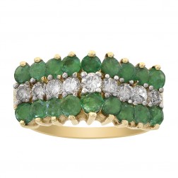 0.90 Carat Emerald and 0.45 Carat Diamond Vintage Three Row Ring 14K Yellow Gold