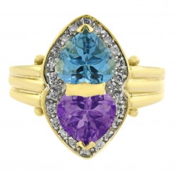 2.15 Carat Diamond, Amethyst & Blue Topaz Vintage Ring 14K Yellow Gold
