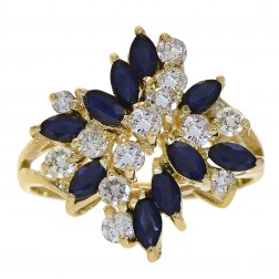 0.90 Carat Sapphire and 0.60 Carat Diamond Cluster Ring 14K Yellow Gold