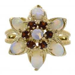 1.20 Carat Opal & Garnet Flower Style Vintage Ring 14K Yellow Gold