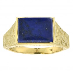 Rectangle Shaped Lapis Lazuli Vintage Engraved Ring 14K Yellow Gold