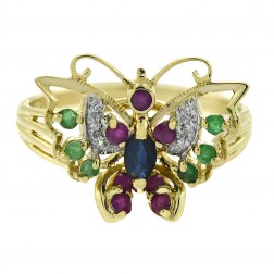 0.10 Ct Sapphire 0.07 Ct Ruby 0.06 Ct Emerald 0.03 Ct Diamond Vintage Butterfly Ring 10K