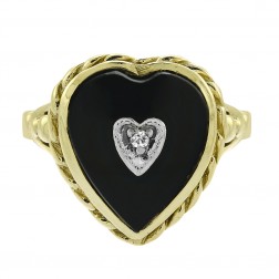 0.01 Carat Diamond Accent Heart Cut Black Onyx Vintage Ring 10K Yellow Gold