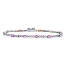 4.75 Carat Oval Shape Pink Sapphire & Round Diamond Tennis Bracelet 18K Two Tone Gold