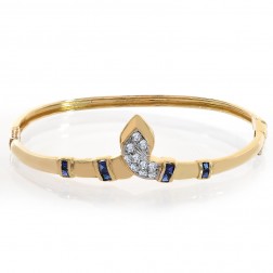 0.40 Carat Princess Cut Sapphire & Round Diamond Bangle Bracelet 14K Yellow Gold