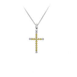 0.50 Carat Fancy Yellow & White Round Diamond Cross Pendant 14K White Gold 