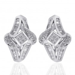 1.00 Carat Round Diamond Cascading Cluster Hoop Huggie Earrings 14K White Gold