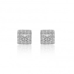 0.77 Carat Princess & Round Cut Diamond Halo Stud Earrings 14K White Gold