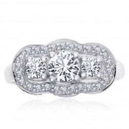 1.16 Carat F-SI Round Diamond Three Stone Halo Engagement Ring 14K White Gold
