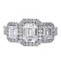 2.54 Carat Three Stone Micro Pave Emerald Cut Diamond Engagement Ring Platinum 