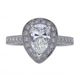1.85 Carat Pear Shaped Diamond Halo Engagement Ring 18K White Gold