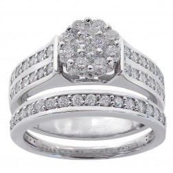1.00 Carat Diamond Cluster Engagement Ring And Wedding Band Bridal Set 14K White Gold