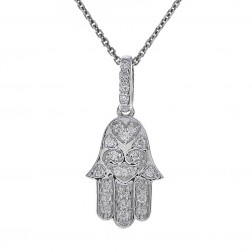 0.25 Carat Round Diamond Hamsa Hand of God Pendant Necklace 14K White Gold 