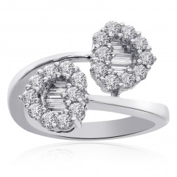 1.25 Carat Round Pave, Baguette Diamond Heart Shaped Bypass Ring 14K White Gold