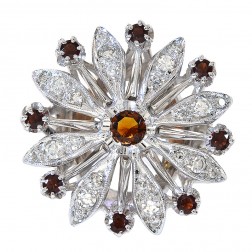 0.45 Carat Garnet & 0.50 Carat Diamond Vintage Flower Ring 14K White Gold