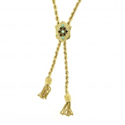 Vintage Lariat Turquoise and Garnet Pineapple Tassels Necklace 14K Yellow Gold