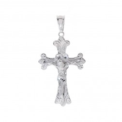 14K White Gold Diamond Cut Fleur de Lis Crucifix Pendant