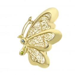 14K Yellow Gold Multicolor Gemstone Butterfly Vintage Brooch Pin