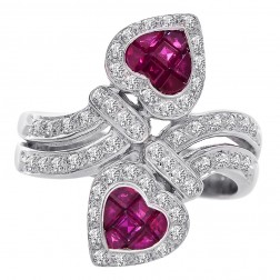 1.50 Carat Ruby & Round Cut Diamond Heart Fashion Ring 18K White Gold 