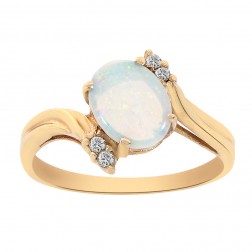 0.90 Carat Oval Opal and Round Cut Diamonds Ring 14K Yellow Gold