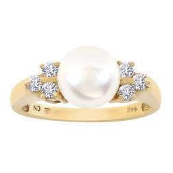 7.7mm Cultured Pearl and Round Diamond Ring 14K Yellow Gold
