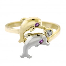14K Two Tone Gold Vintage Cubic Zirconia Dolphin Ring Size 8.00