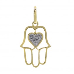 14K Two Tone Gold Hamsa With Heart Pendant 